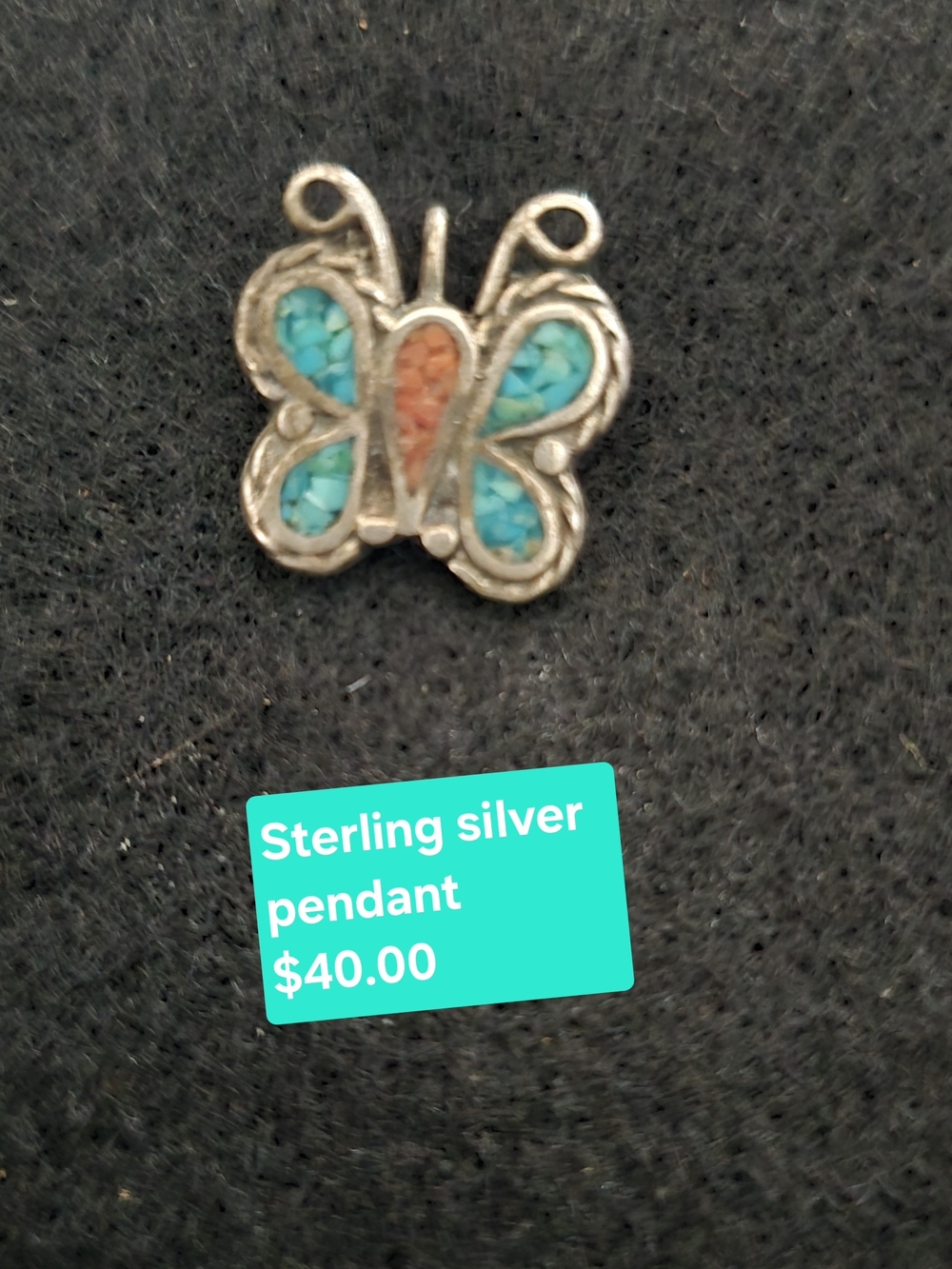 Sterling Silver Butterfly Pendant with Turquoise & Coral Inlay